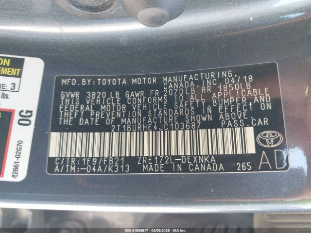 2T1BURHE4JC103687 Toyota COROLLA LE