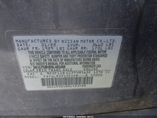 3N1CP5BV8NL483488 Nissan Kicks S Xtronic Cvt
