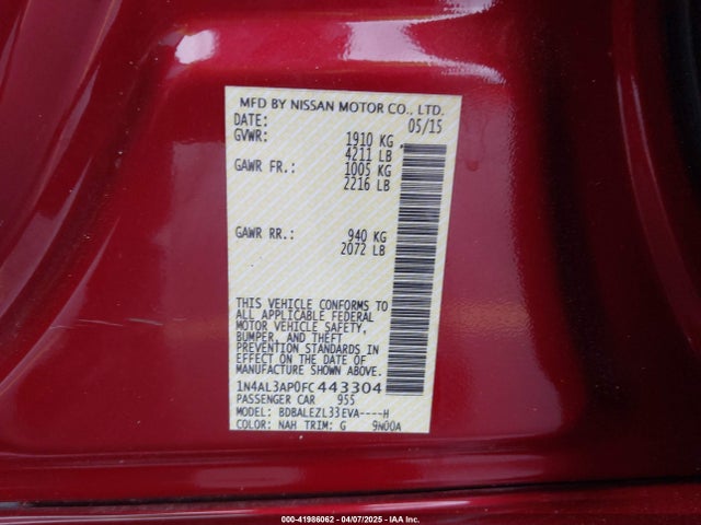 Nissan Altima 2.5 S 2015 1N4AL3AP0FC443304 Image 9