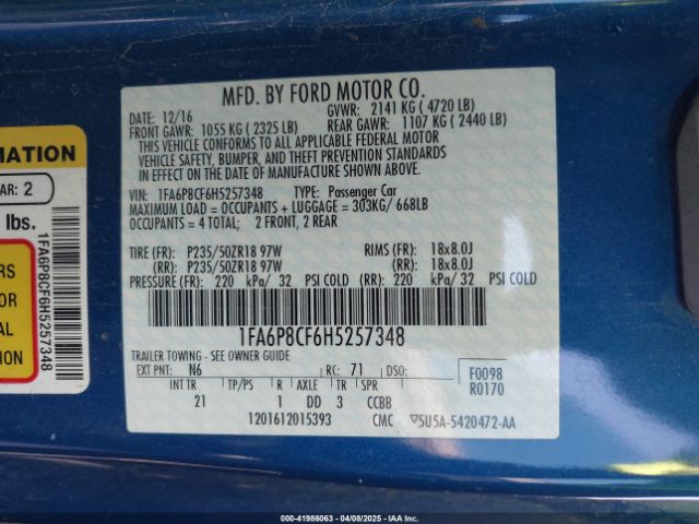 1FA6P8CF6H5257348 Ford MUSTANG GT