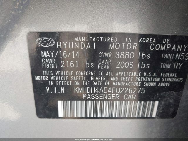 KMHDH4AE4FU226275 Hyundai ELANTRA SE