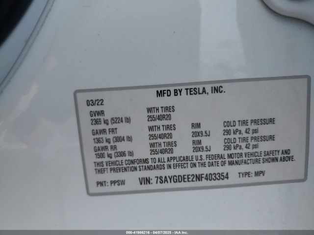 7SAYGDEE2NF403354 Tesla Model Y Long Range Dual Motor All-wheel Drive