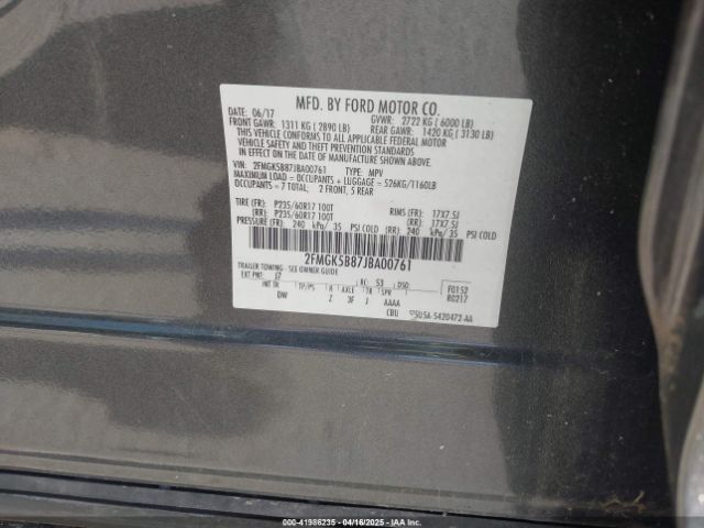 2FMGK5B87JBA00761 Ford FLEX SE