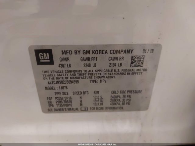 KL7CJNSB2JB694599 Chevrolet TRAX LS
