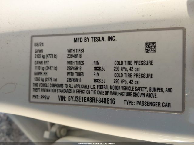 5YJ3E1EA8RF848616 Tesla 2024