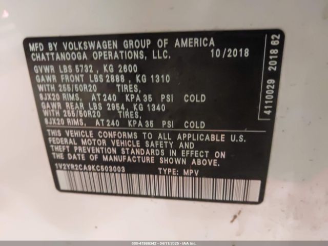 1V2YR2CA9KC503003 Volkswagen Atlas 3.6l V6 Se W/technology R-line
