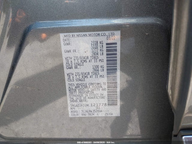 5N1AZ2AJ1NC121778 Nissan Murano S Fwd