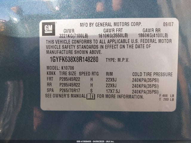 2008 CADILLAC ESCALADE 1GYFK638X8R148280 Photo 8