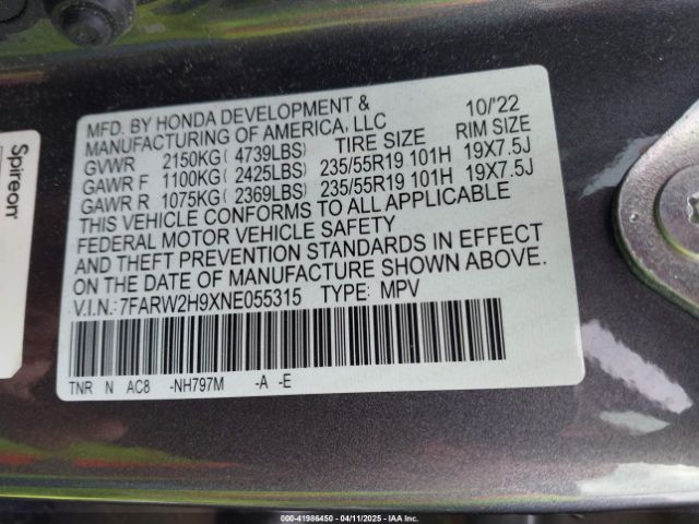 7FARW2H9XNE055315 Honda Cr-v Awd Touring