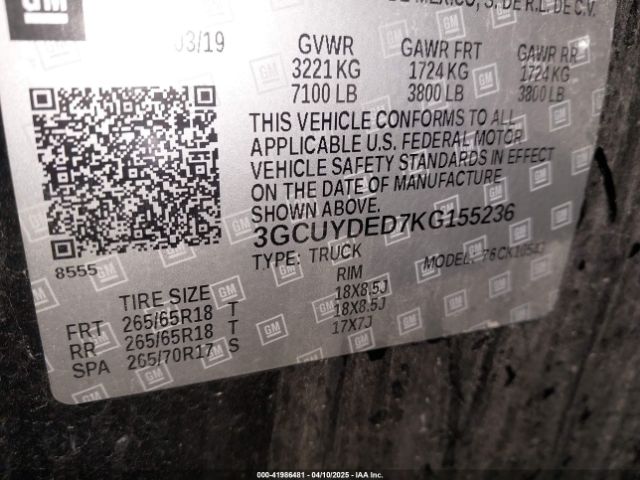 3GCUYDED7KG155236 Chevrolet Silverado 1500 Lt