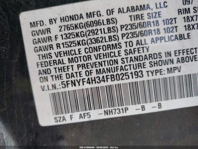 5FNYF4H34FB025193 Honda PILOT SE