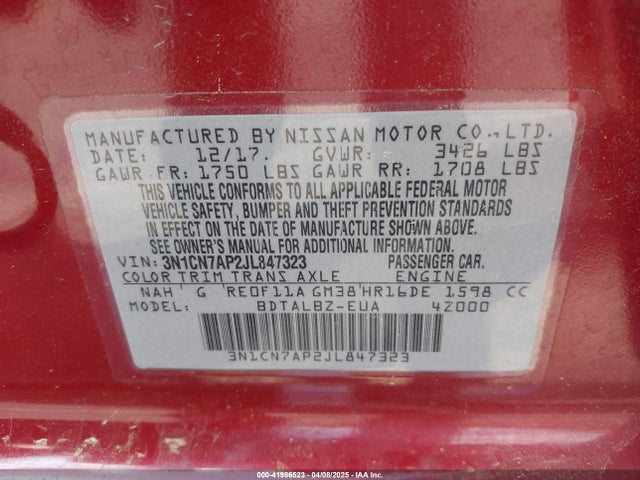 3N1CN7AP2JL847323 Nissan Versa 1.6 Sv
