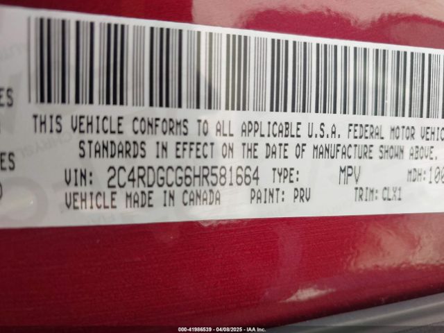 2C4RDGCG6HR581664 Dodge Grand Caravan Sxt