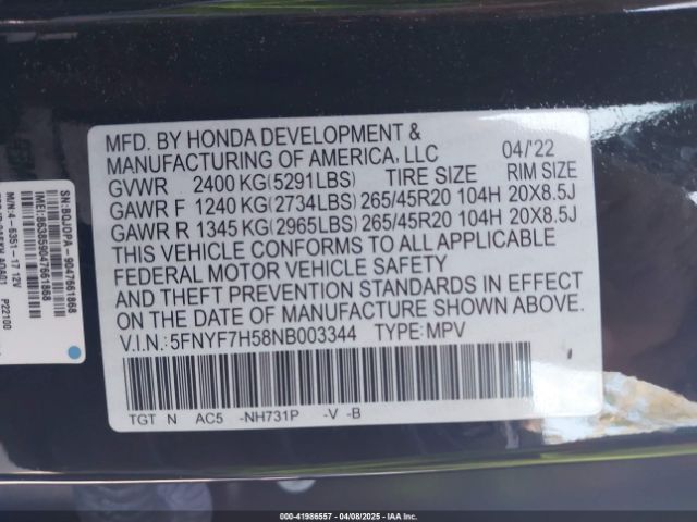 5FNYF7H58NB003344 Honda Passport 2wd Ex-l