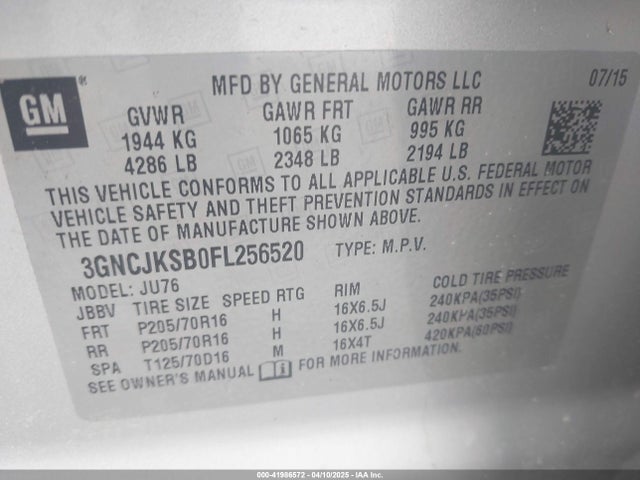 3GNCJKSB0FL256520 Chevrolet Trax 1ls
