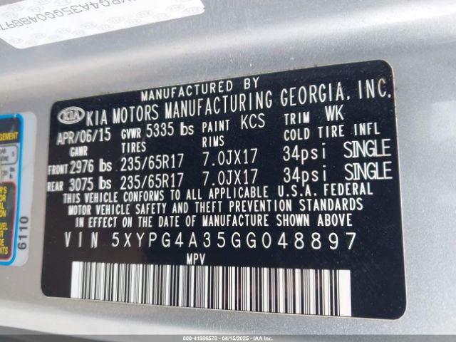 5XYPG4A35GG048897 KIA Sorento 2.4l Lx