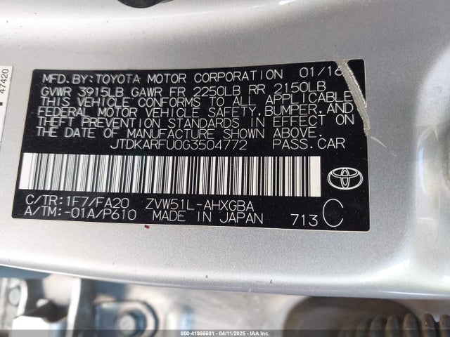 JTDKARFU0G3504772 Toyota Prius Three