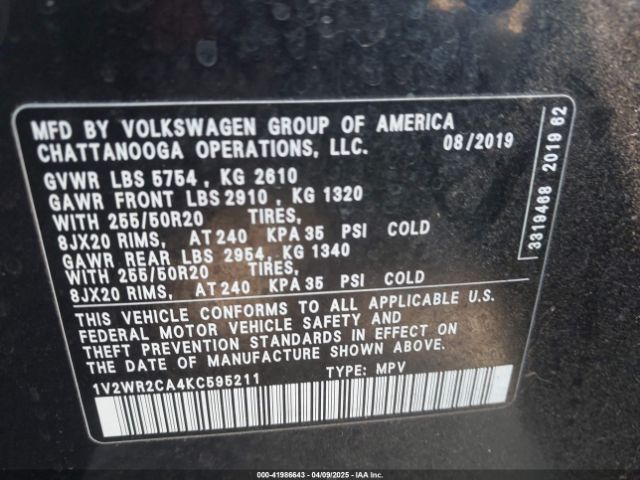 1V2WR2CA4KC595211 Volkswagen Atlas 3.6l V6 Se W/technology