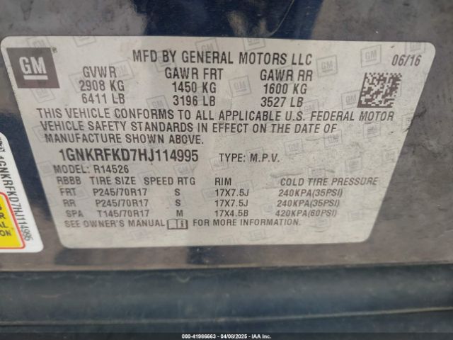 1GNKRFKD7HJ114995 Chevrolet Traverse Ls