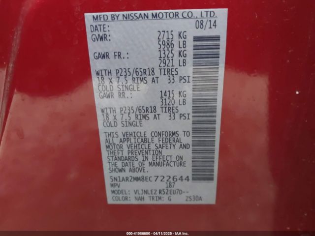 5N1AR2MM8EC722644 Nissan Pathfinder Sv