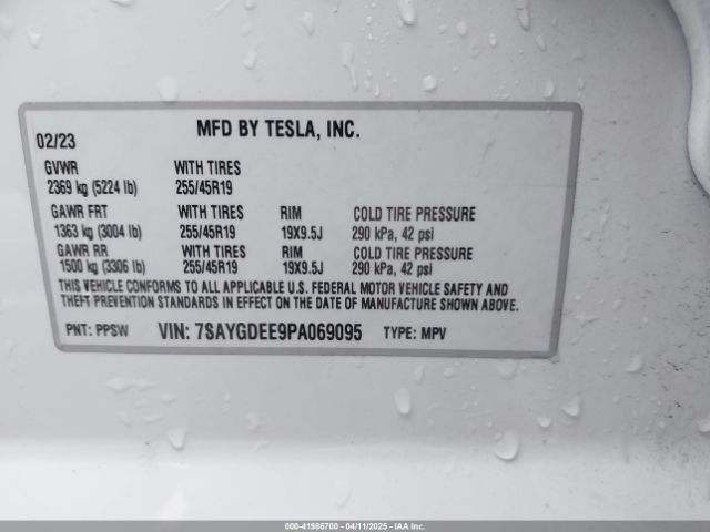 7SAYGDEE9PA069095 Tesla Model Y Awd/long Range Dual Motor All-wheel Drive