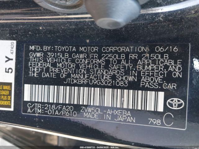 JTDKBRFU9G3021083 Toyota Prius Two