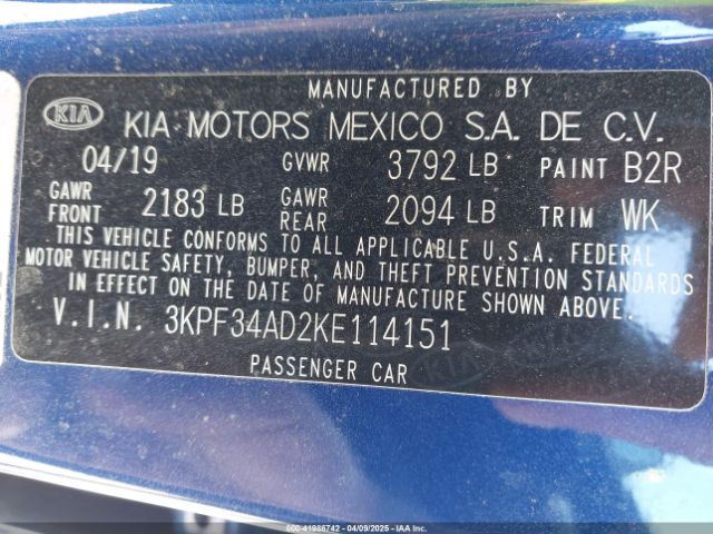 3KPF34AD2KE114151 KIA FORTE S