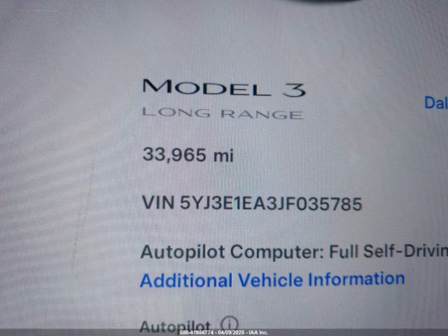 5YJ3E1EA3JF035785 Tesla Model 3 Long Range/mid Range