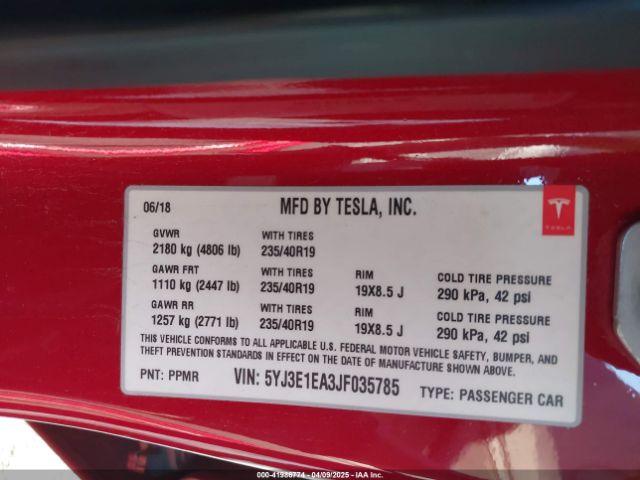 5YJ3E1EA3JF035785 Tesla Model 3 Long Range/mid Range