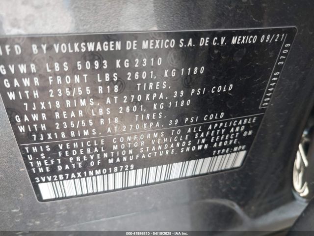 3VV2B7AX1NM018729 Volkswagen Tiguan 2.0t Se