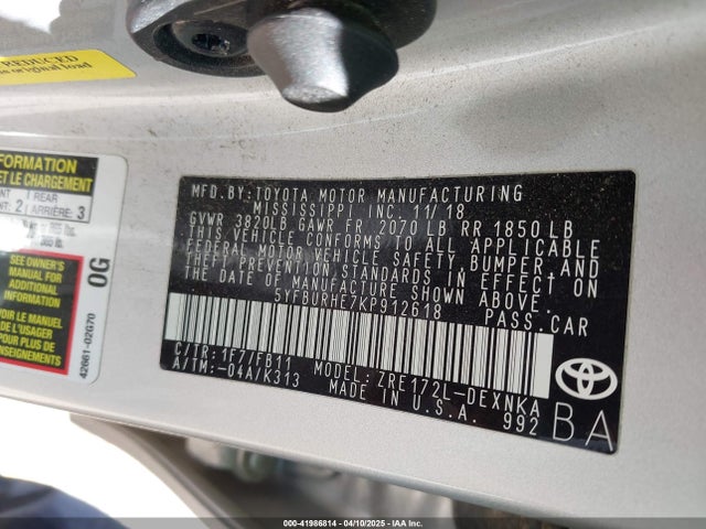 5YFBURHE7KP912618 Toyota COROLLA LE