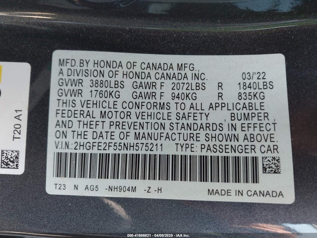 2HGFE2F55NH575211 Honda k20c2