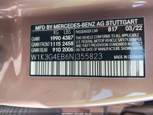W1K3G4EB6NJ355823 Mercedes-Benz A 220