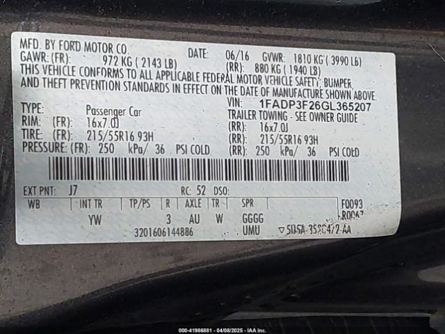 1FADP3F26GL365207 Ford FOCUS SE