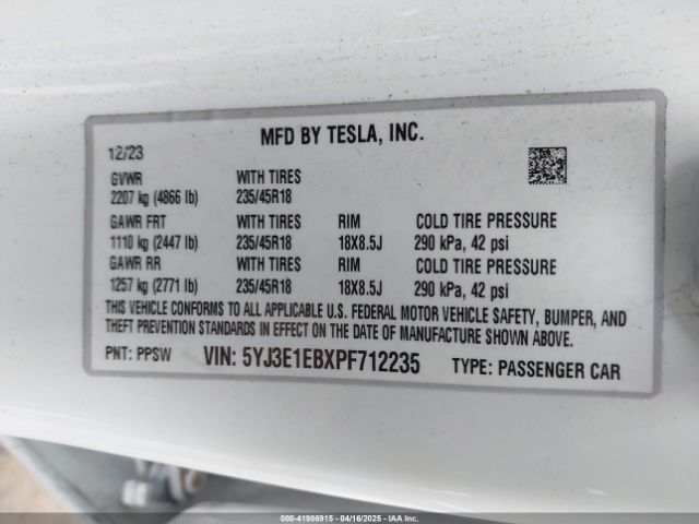 5YJ3E1EBXPF712235 Tesla Model 3 Long Range Dual Motor All-wheel Drive