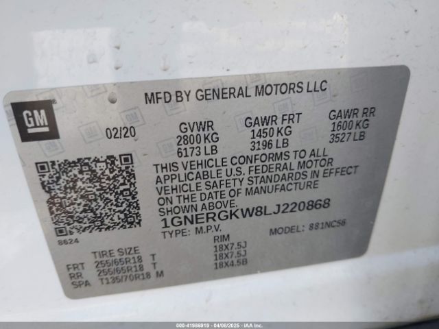 1GNERGKW8LJ220868 Chevrolet Traverse Fwd Lt Cloth