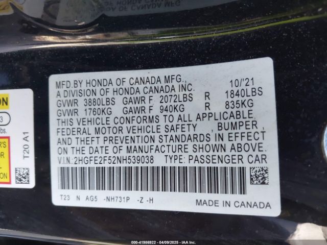 2022 HONDA CIVIC 2HGFE2F52NH539038 Photo 8