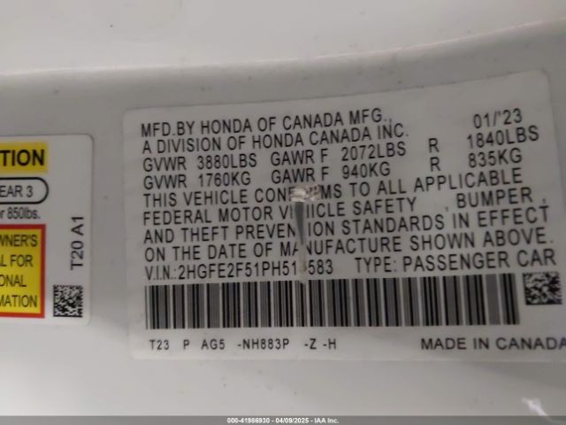 2HGFE2F51PH517583 Honda Civic Sport