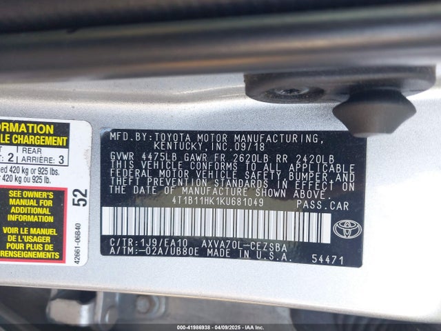 4T1B11HK1KU681049 Toyota CAMRY SE