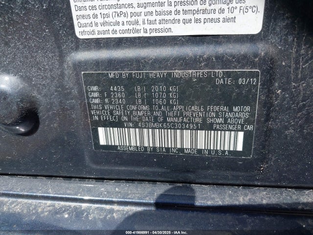 2012 Subaru Legacy 2.5i Limited მანქანა იყიდება აუქციონზე, vin: 4S3BMBK65C3034951, აუქციონის ნომერი: 41986991
