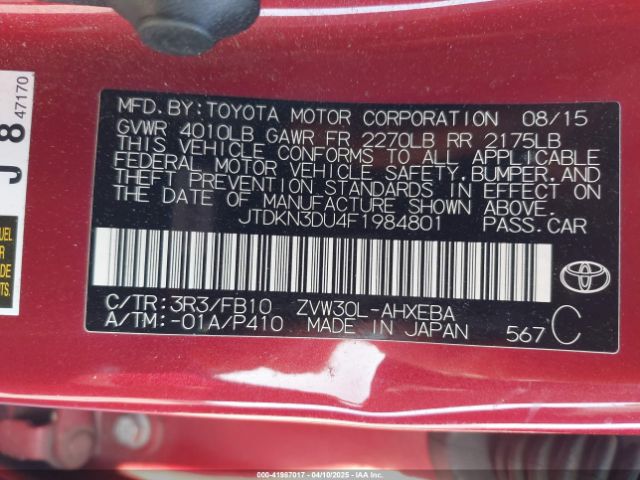 JTDKN3DU4F1984801 Toyota Prius Two