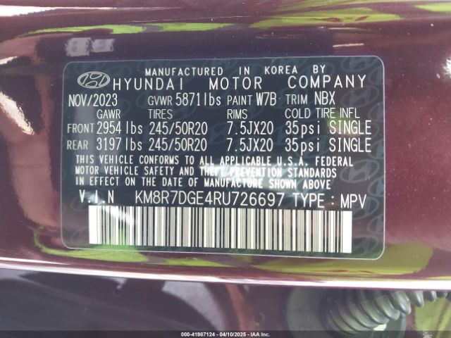KM8R7DGE4RU726697 Hyundai Palisade Calligraphy
