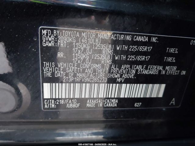 2T3P1RFV9NC265233 Toyota Rav4 Xle