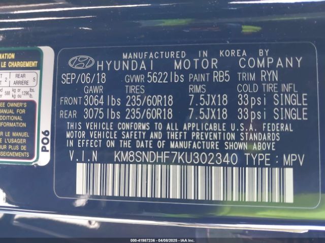 KM8SNDHF7KU302340 Hyundai Santa Fe Xl Se