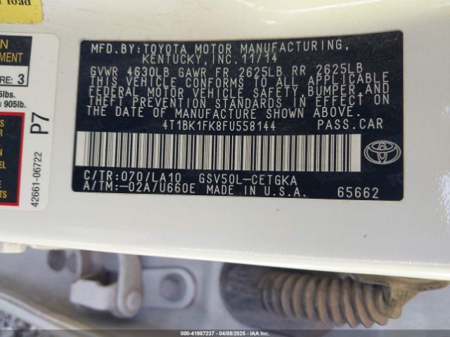 4T1BK1FK8FU558144 Toyota Camry Xle V6