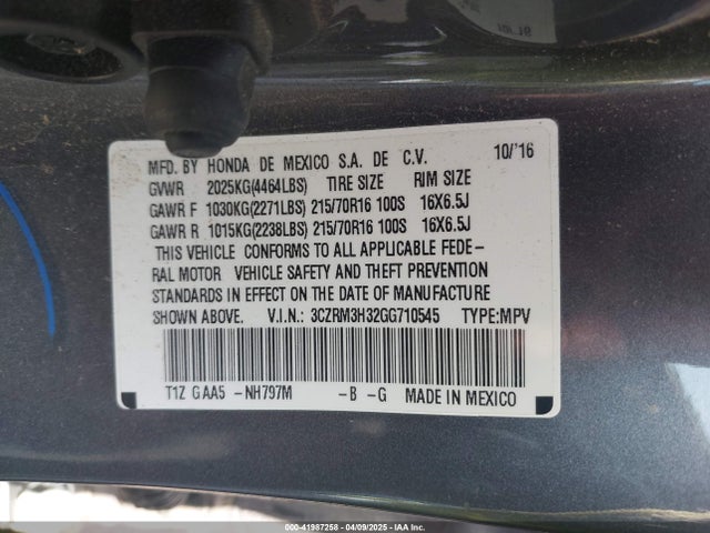 3CZRM3H32GG710545 Honda k24w9/k24v1