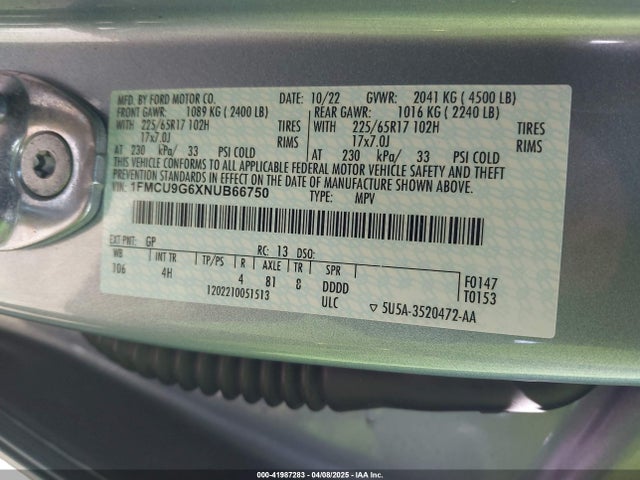 1FMCU9G6XNUB66750 Ford ESCAPE SE