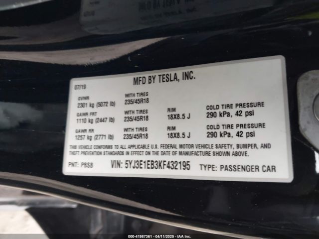 5YJ3E1EB3KF432195 Tesla Model 3 Long Range/performance