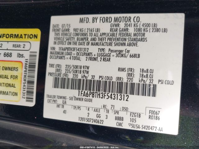 1FA6P8TH3F5431312 Ford Mustang Ecoboost