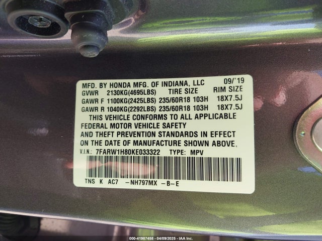 7FARW1H80KE033322 Honda Cr-v Ex-l